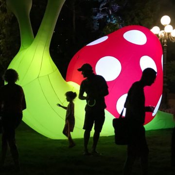 "Snail" inflatable sculpture at night by Bill Kennedy