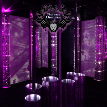 purple lights dazzle in reflective mirror immersive installation