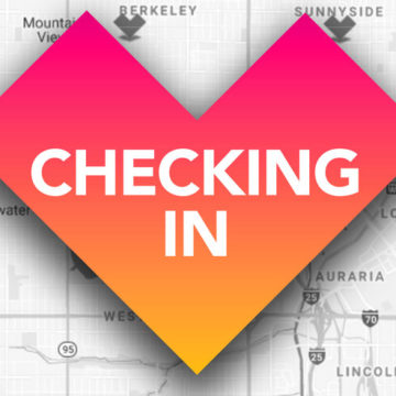Checking in logo in the shape of a geometric heart with the words "checking in"