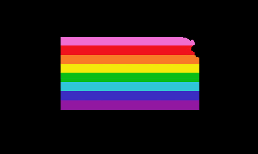 a digital rendering of the rainbow flag. The colors are traditionally placed, but in the shape of the state of Kansas.