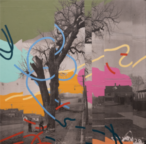 wheat pasted 1920s image of denver with large tree in background with colorful abstract free flowing lines tracing the forground