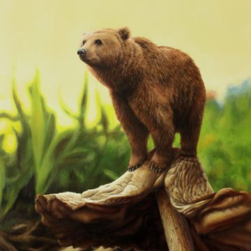 A painting of a tiny brown bear standing on a mushroom by Ben Patterson