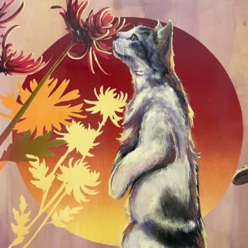 A painting of a cat sniffing flowers by Tukeone