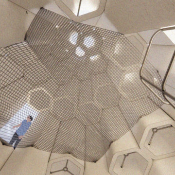 The interior of a tower made from hexagonal pillars. People are climbing and sitting.