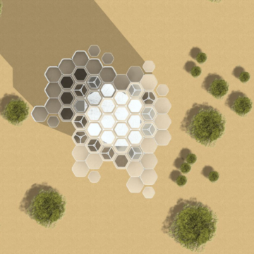 Bird's eye view of hexagonal structure in the desert